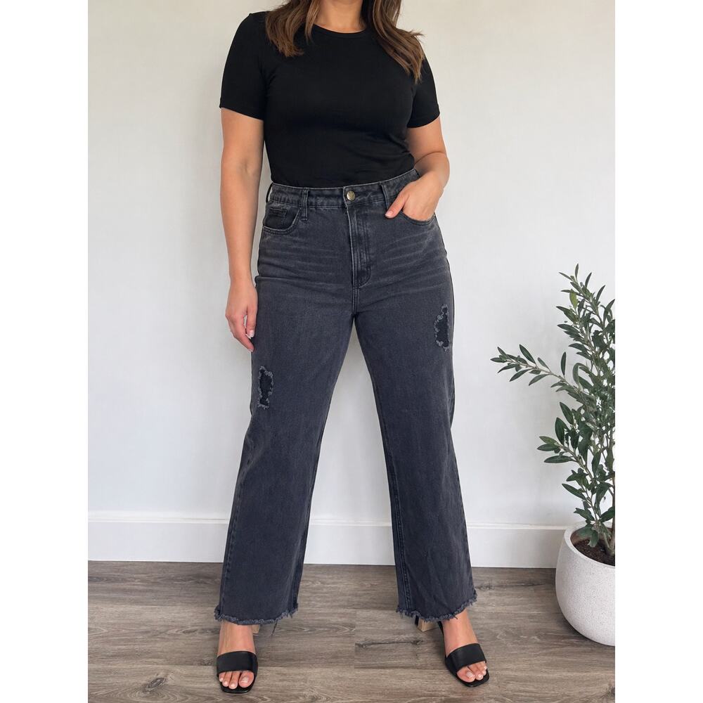 Lucky & Blessed Black Wash Denim High Rise Distressed Frayed Hem Jeans Size 14